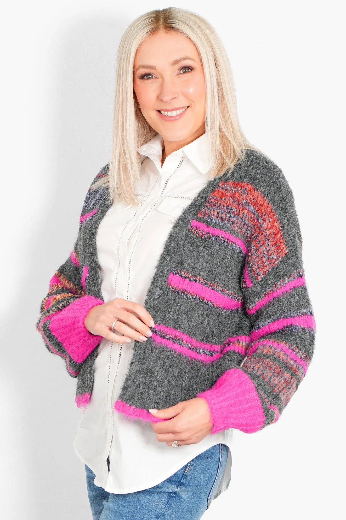 Brodie Wool Blend Cardigan -Grey/Pink, Colourblock Stripe The Style Closet