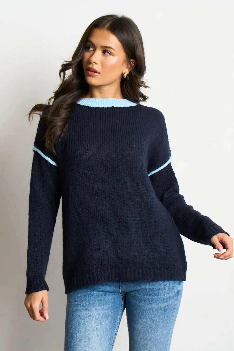 Contrast Stitch Italian Wool Blend Jumper - Denim Blue/Light Blue The Style Closet