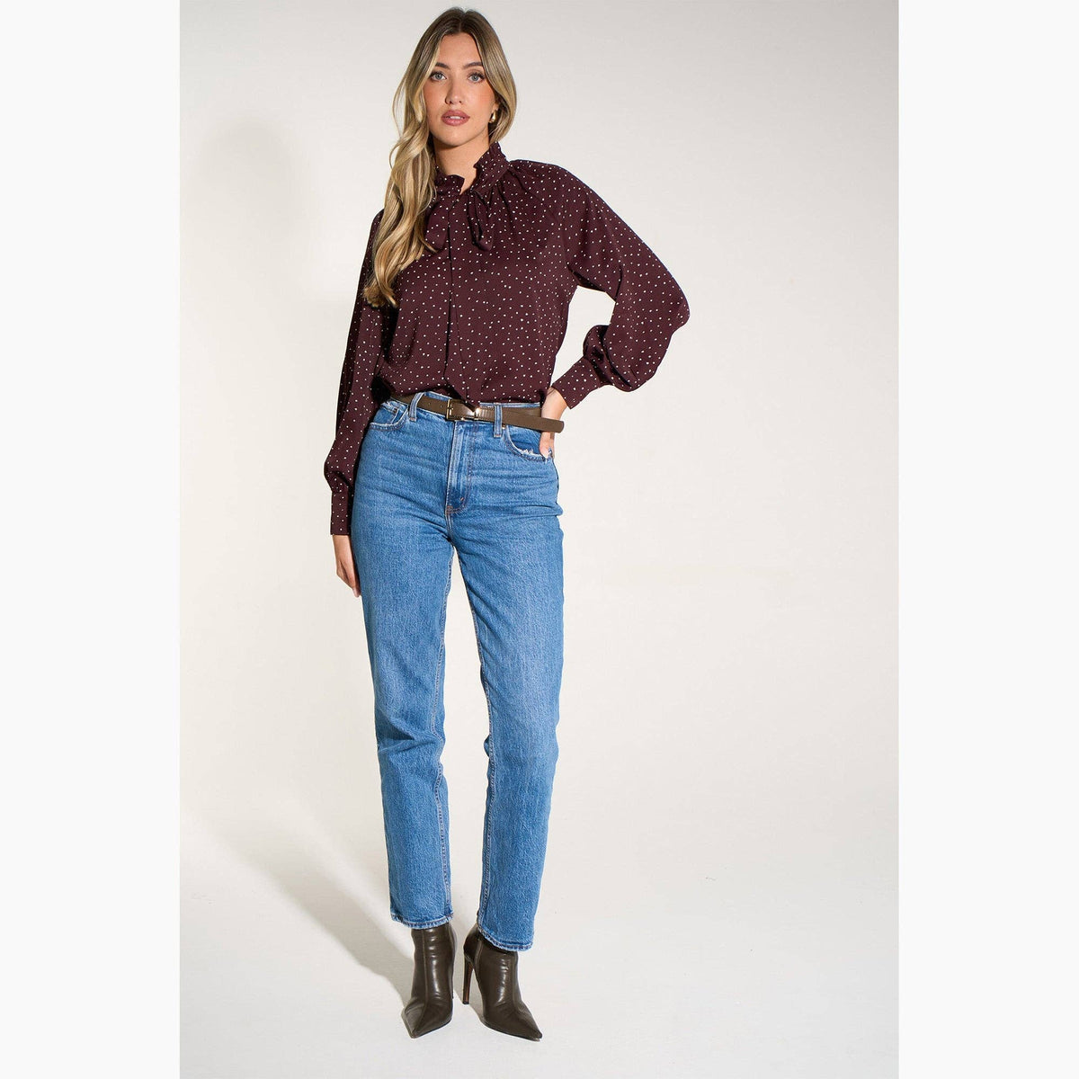 Silk Feel Heart Print Tie Neck Blouse in Berry: Medium (UK 12-14)