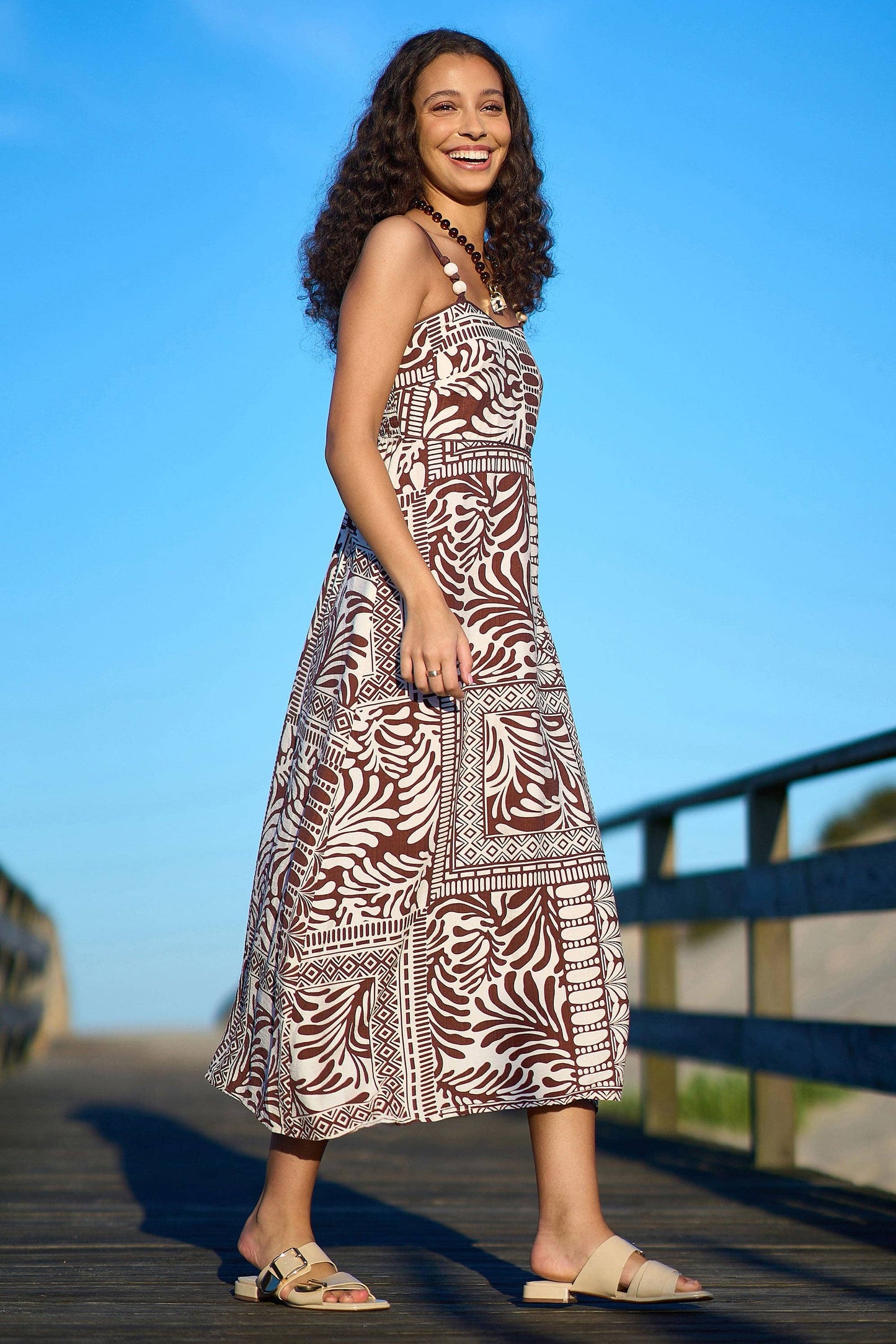 Yumi Brown Tile Print Maxi Dress With Bead Details: Brown / 12