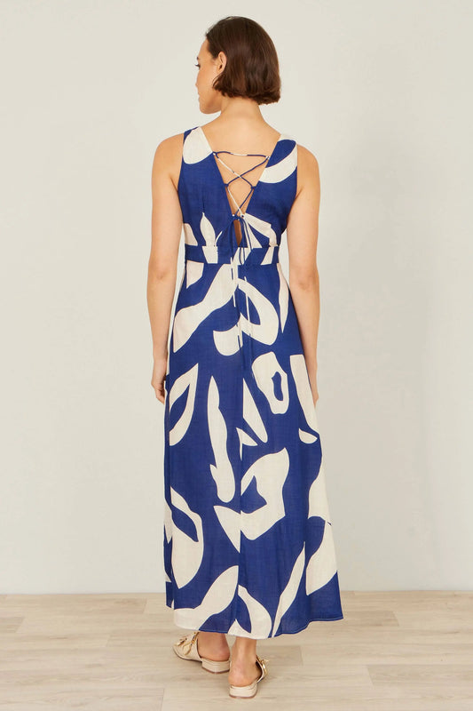 Yumi Navy Abstract Maxi Dress With Tie Back: Navy / 10 Yumi