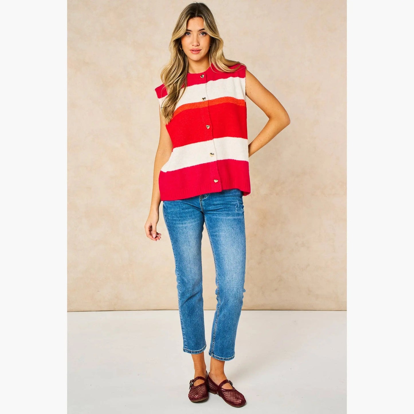 Heart Buttons Striped Sleeveless Vest in Red: One-size (UK 8-18) The Style Closet