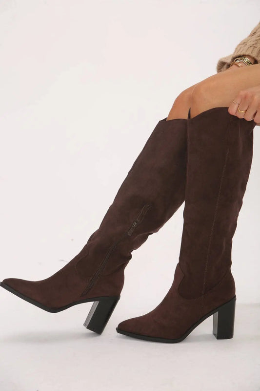 Knee High Brown Suede Cowboy Block Heel Boot: The Style Closet