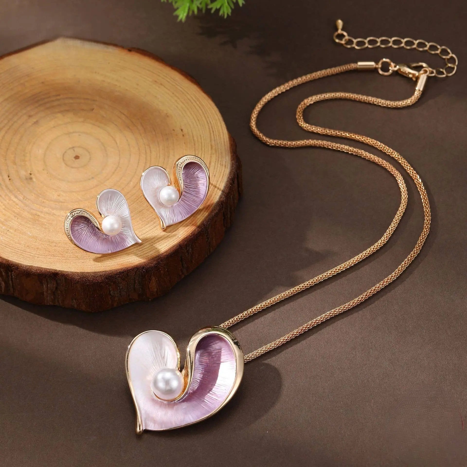 Pearlie Heart Necklace and Earrings Set Blue or Pink The Style Closet