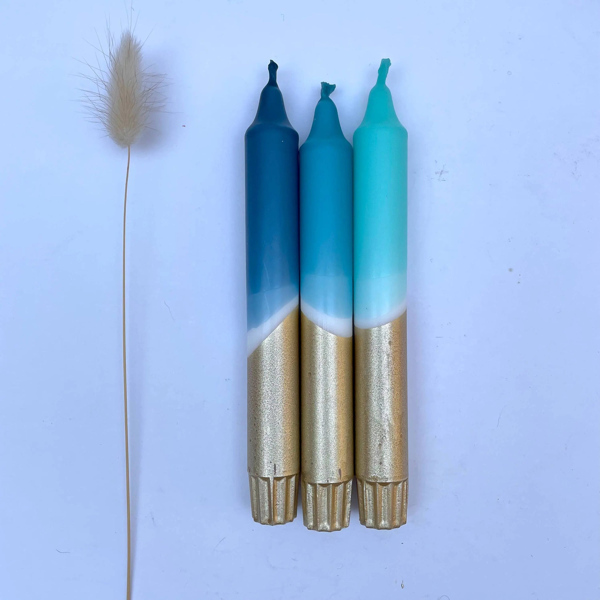 Teal, Hawaiian Blue, Turquoise & Gold Dip Dye Dinner Candles The Style Closet