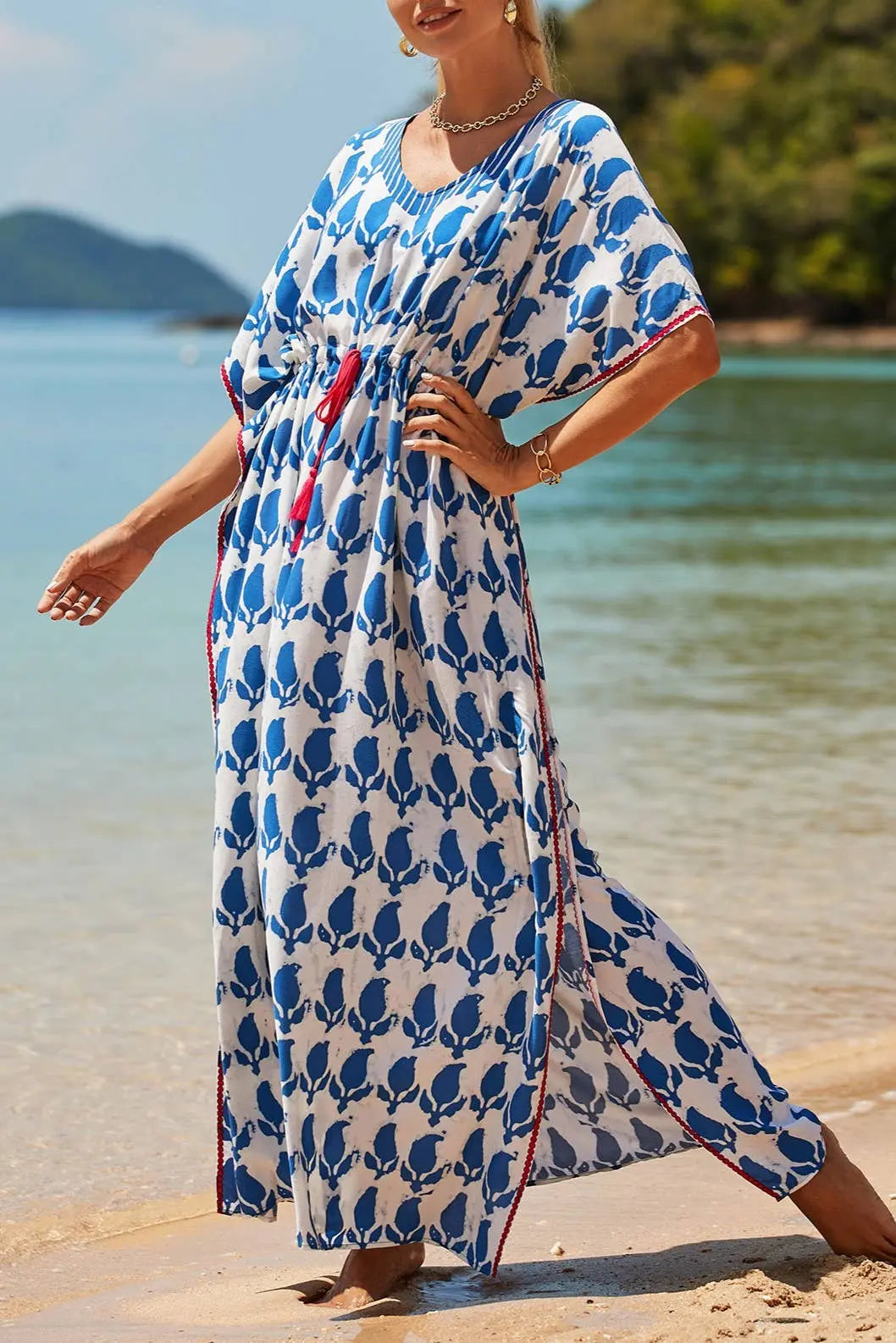 Bohemian Blue and White Leaf's Kaftan Beach Dress The Style Closet