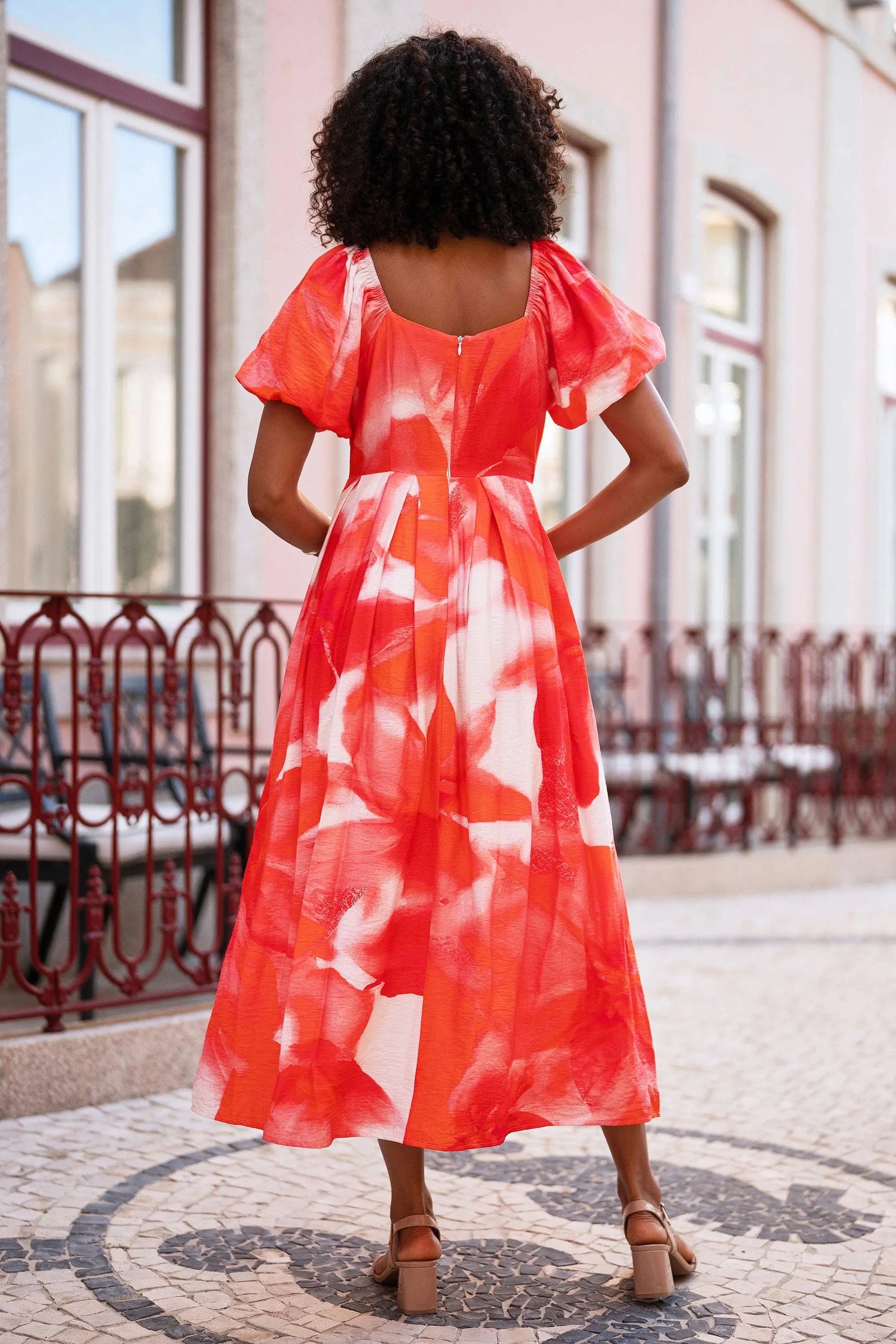 Red Viscose Floral Midi Dress With Puff Sleeves: Red The Style Closet