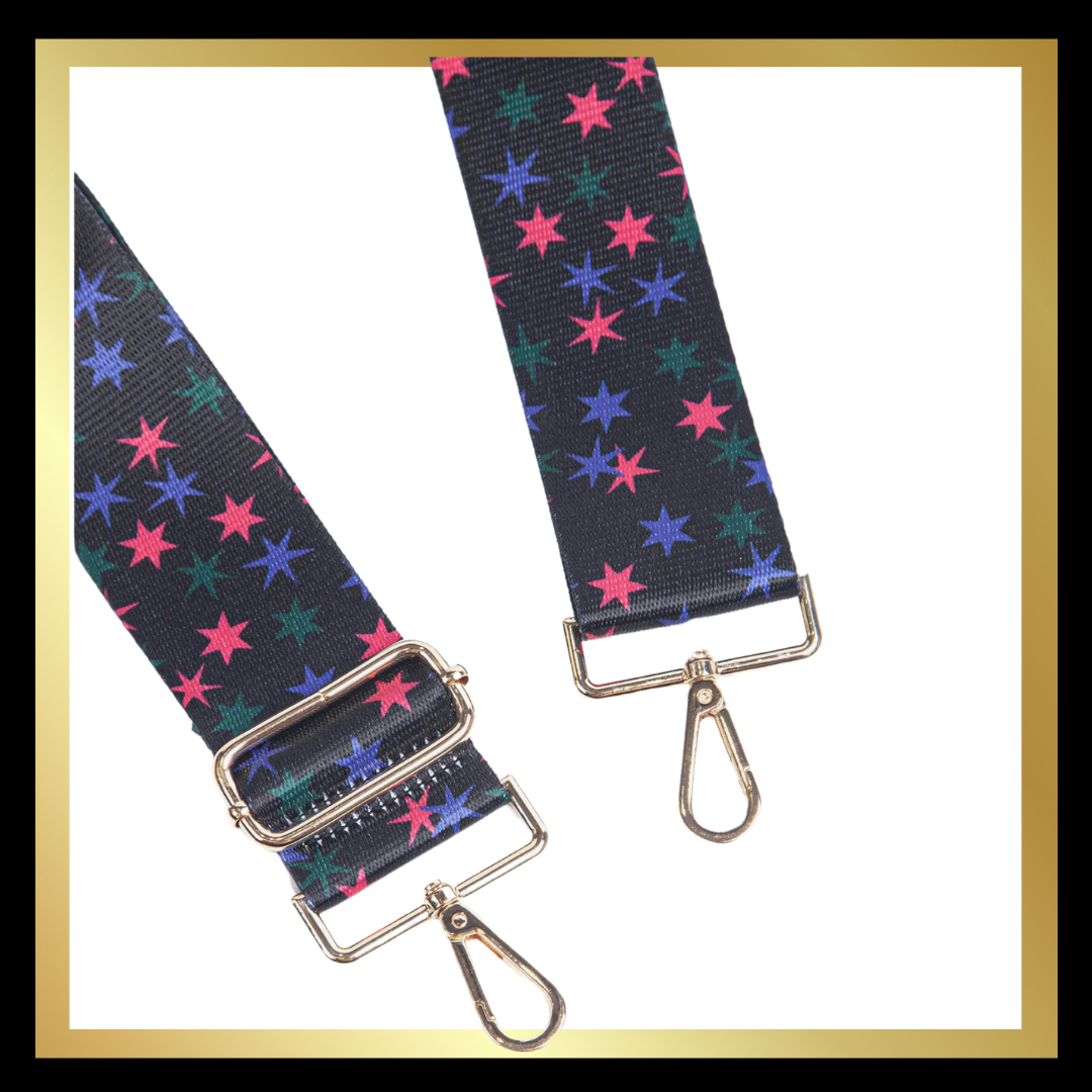 Pink/Blue/Green Star handbag strap (black background)