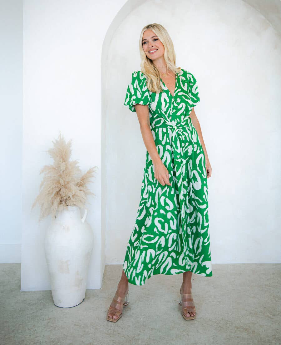 Green Animal Tie Front Midi Dress