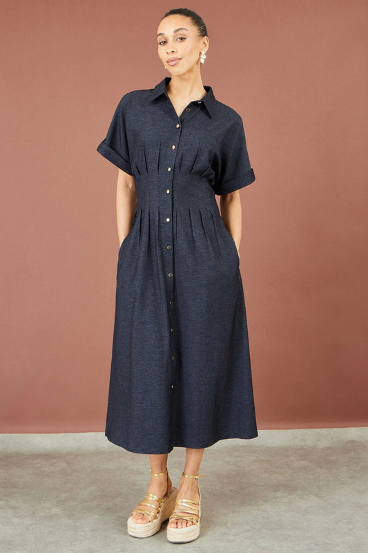 Navy Stretch Midi Shirt Dress: Blue The Style Closet