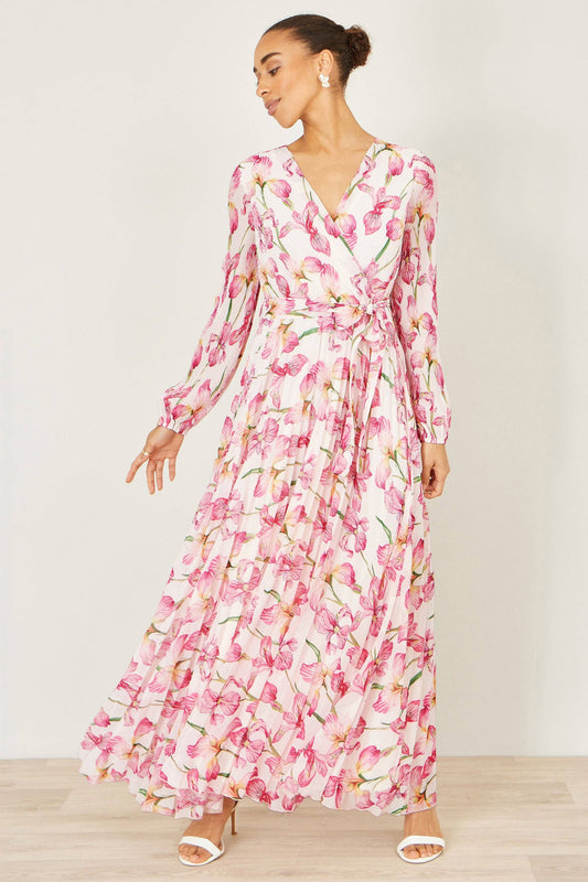 White/Pink Orchid Floral Pleated Wrap Maxi Dress