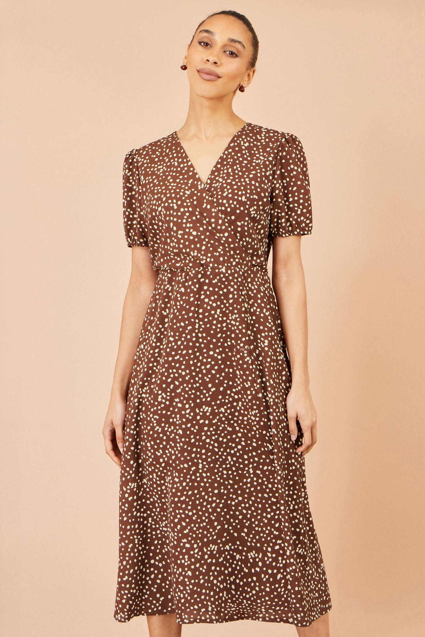 Yumi Brown Spot Midi Dress With Split Hemline: Brown / 10