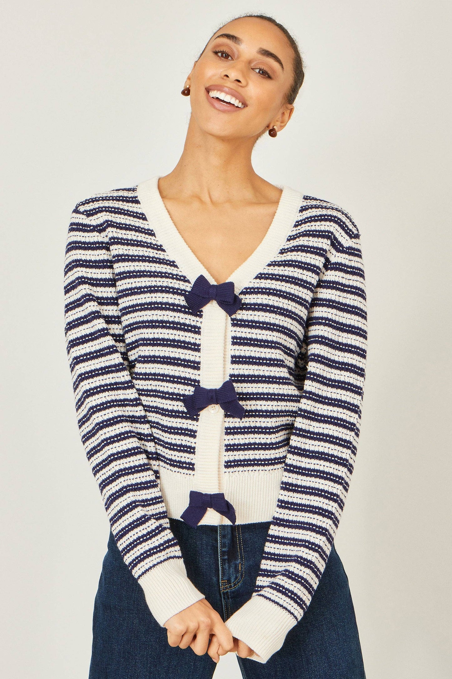 Multicolour Block Stripe Tie Front Cardigan: Navy