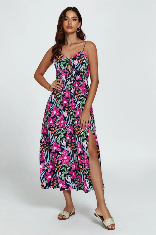 Floral Print Tie Front Maxi Dress In Black: Black / L FS Collection