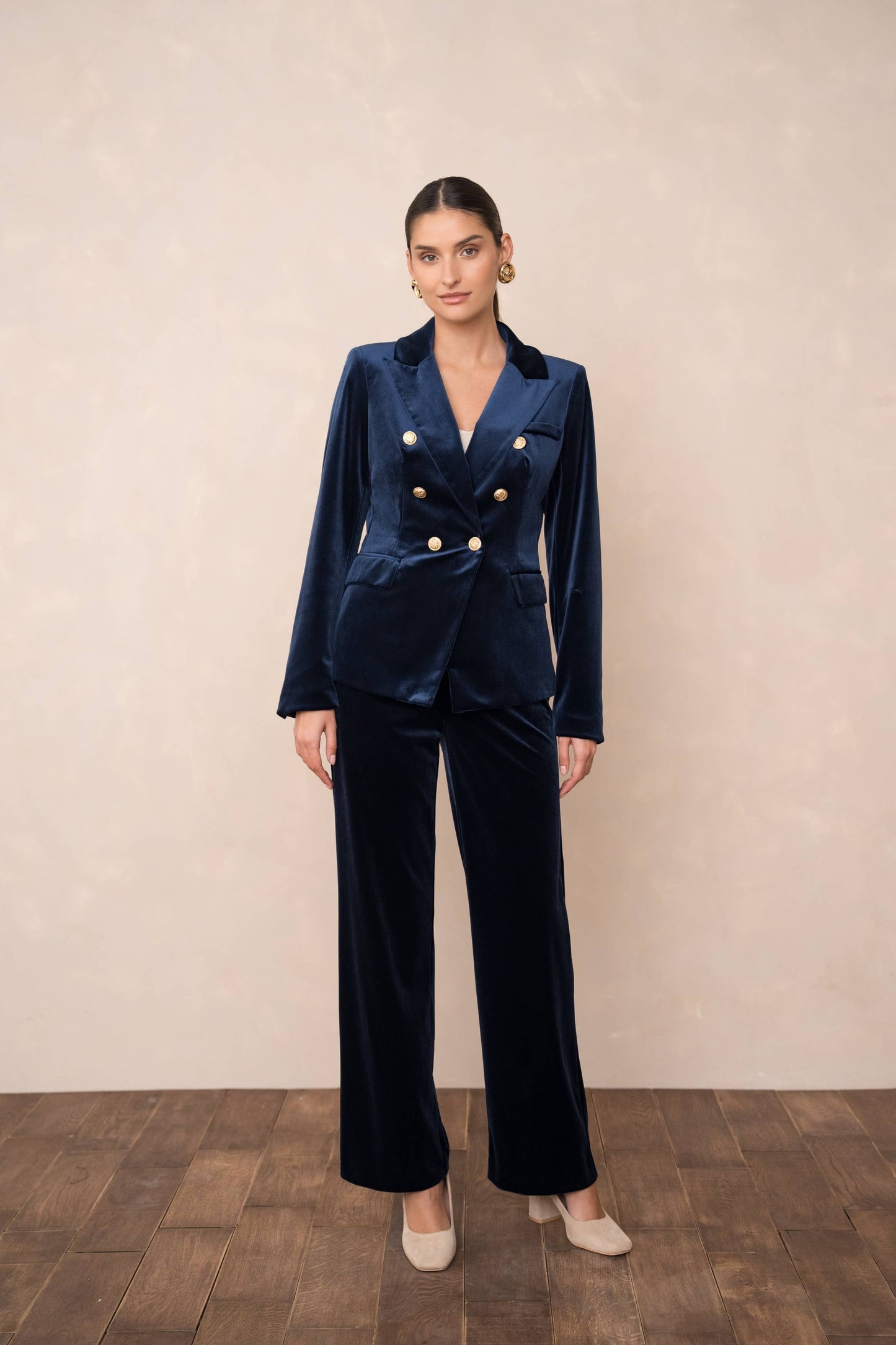 Double-breasted velvet blazer with gold buttons - Chocolate Brown