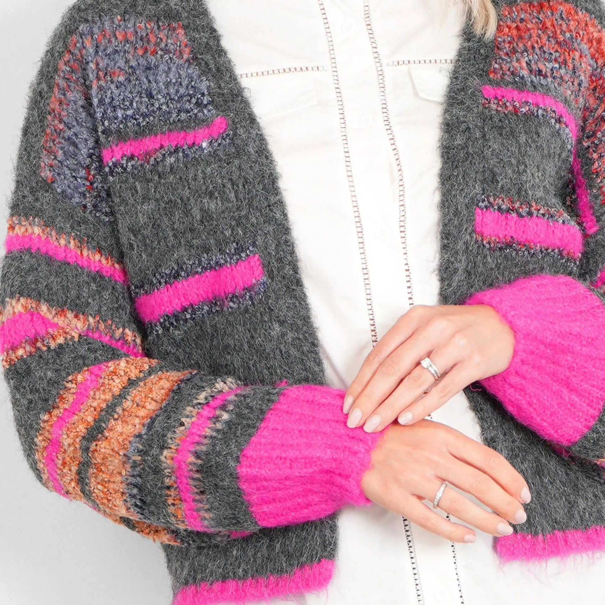 Brodie Wool Blend Cardigan -Grey/Pink, Colourblock Stripe The Style Closet