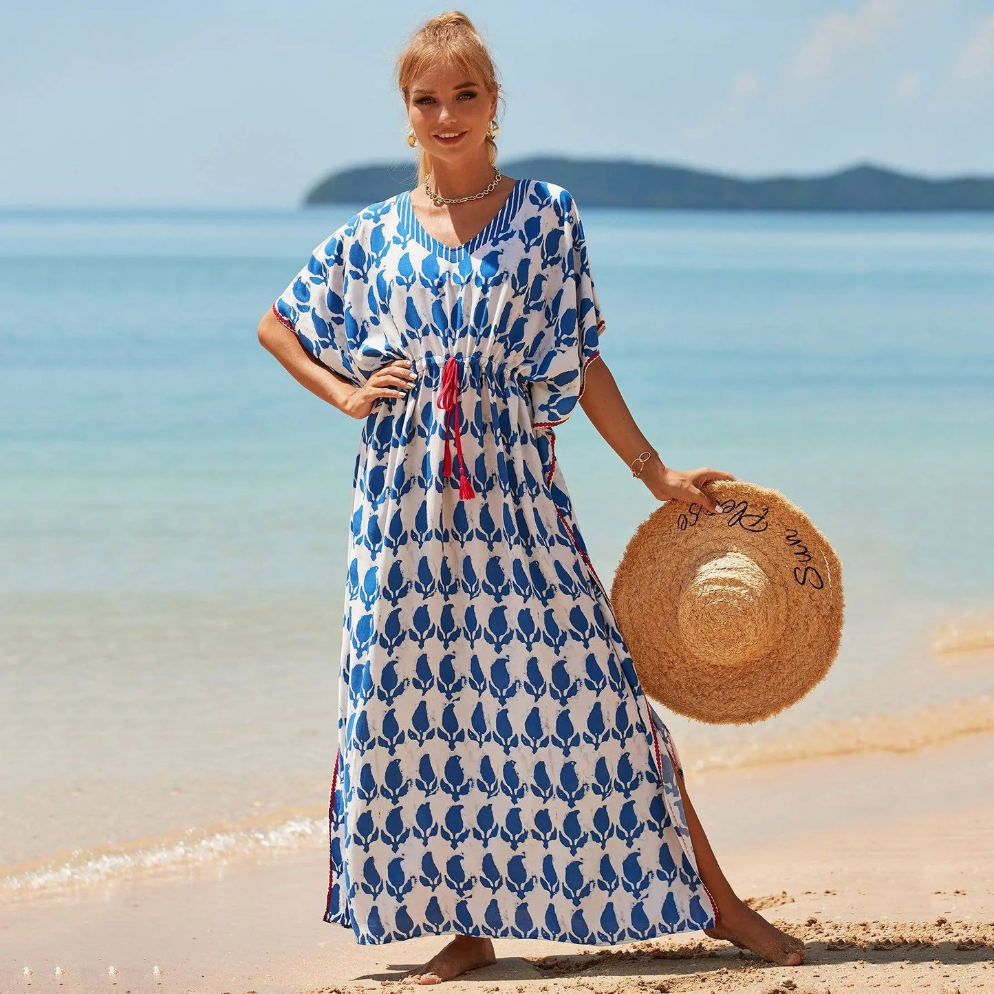 Bohemian Blue and White Leaf's Kaftan Beach Dress The Style Closet