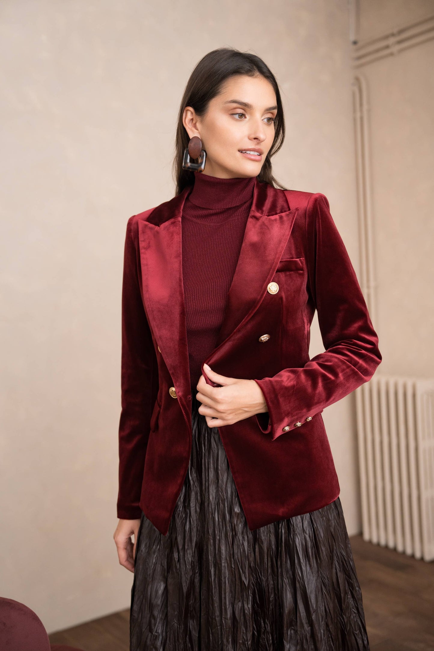Double-breasted velvet blazer with gold buttons - Chocolate Brown