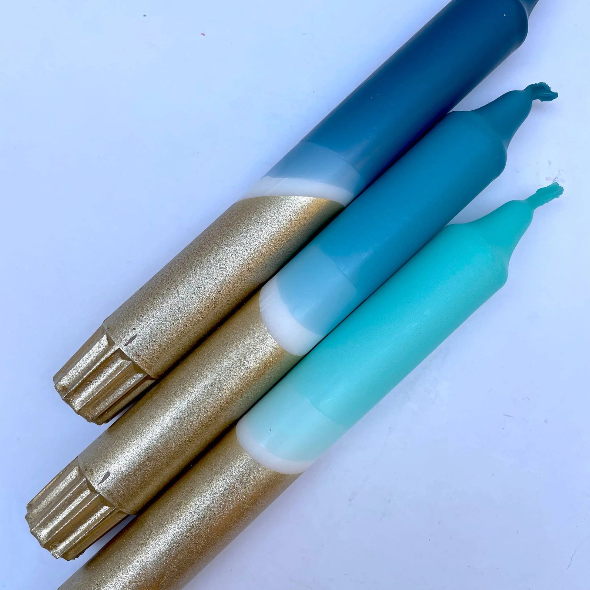 Teal, Hawaiian Blue, Turquoise & Gold Dip Dye Dinner Candles The Style Closet