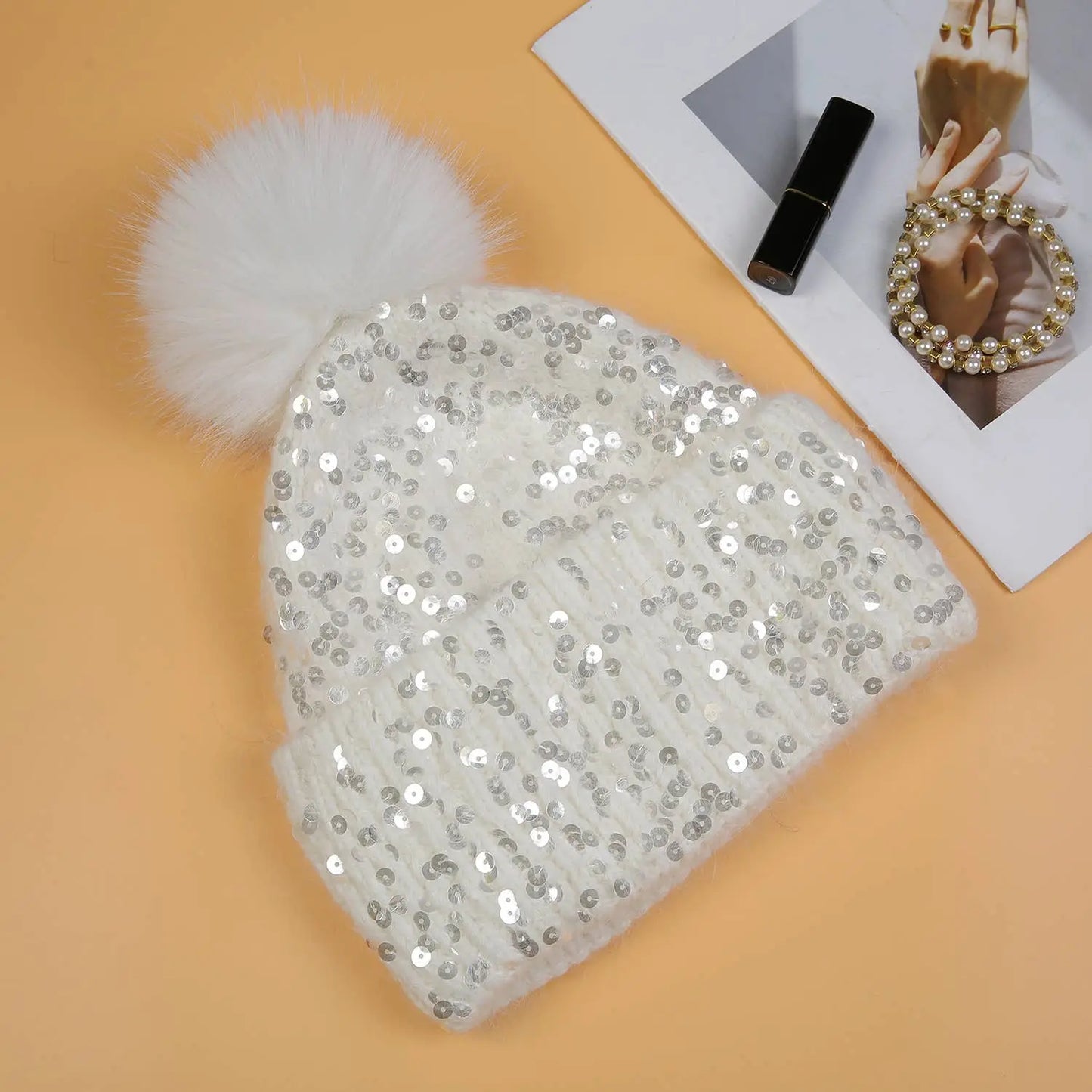 Sequins Pompom Hat and Gloves Set The Style Closet