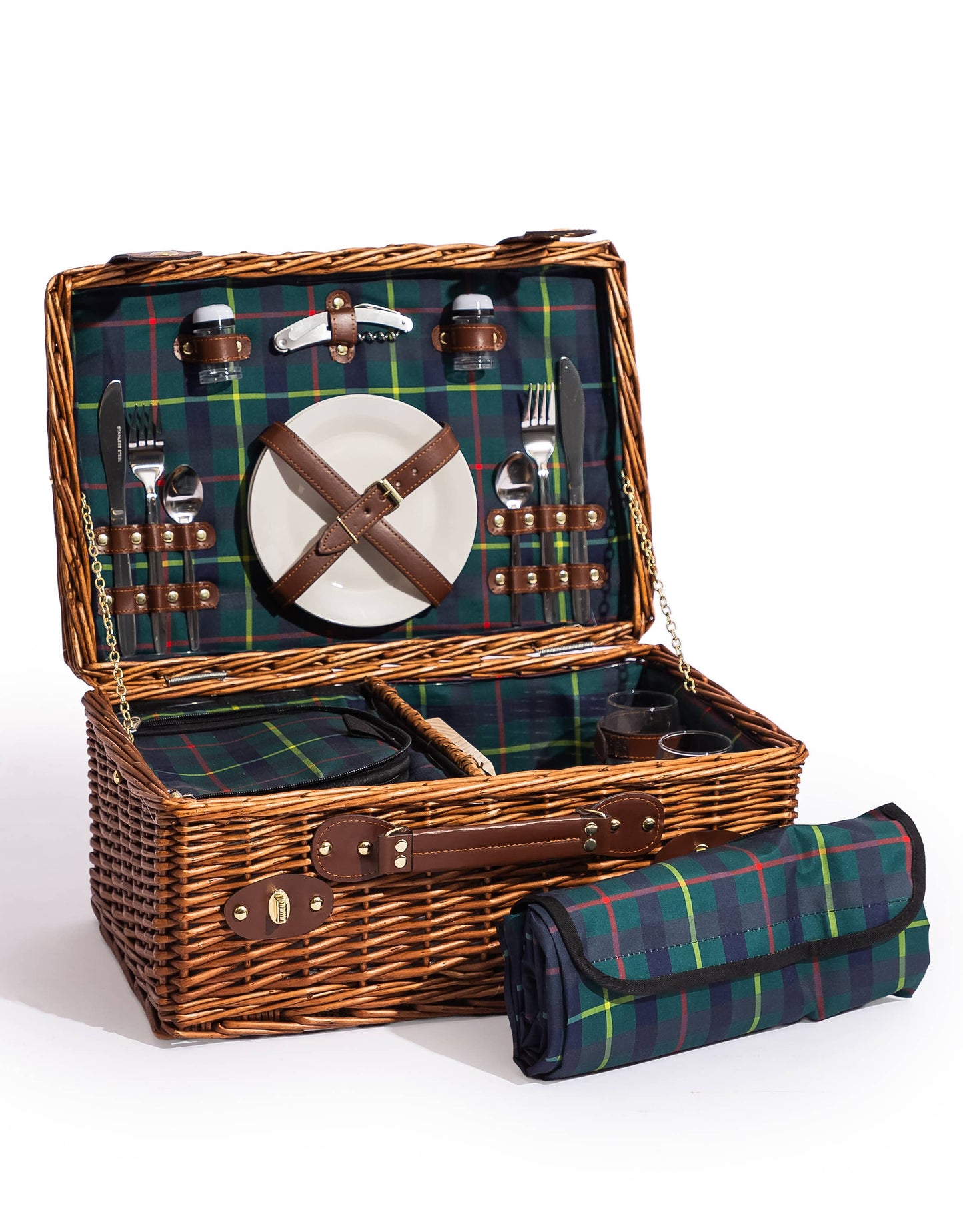 Luxury Tartan 2-Person Picnic Hamper with Leather Handles & AC