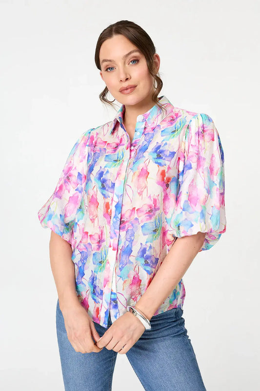 Watercolour Print Puff Sleeve Shirt The Style Closet