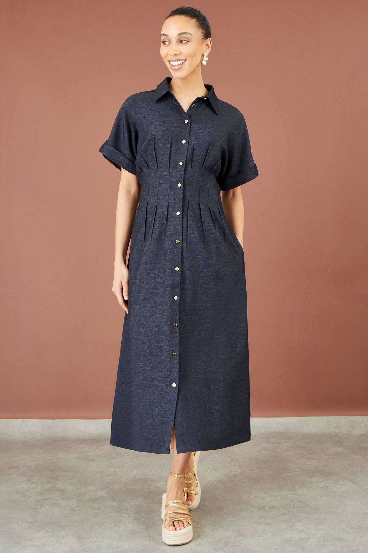 Navy Stretch Midi Shirt Dress: Blue