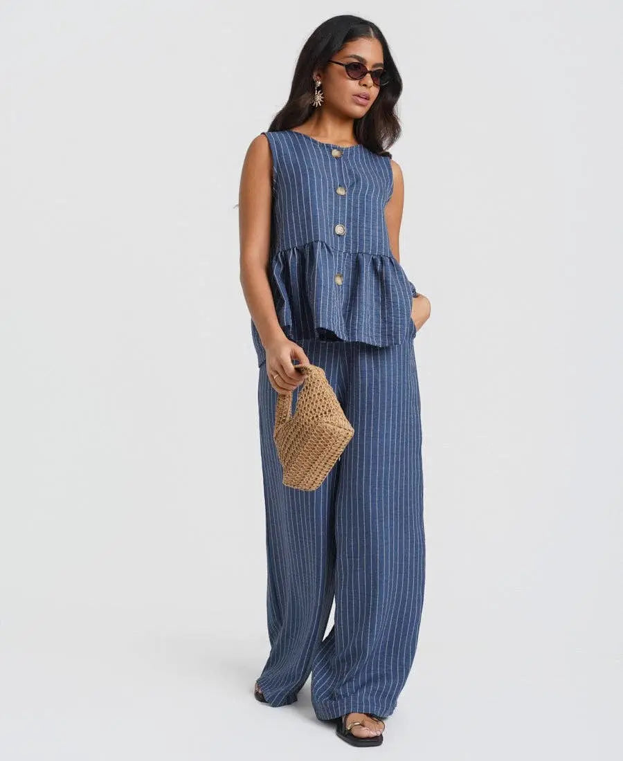 Blue Stripe Peplum Top: M Needs No Label