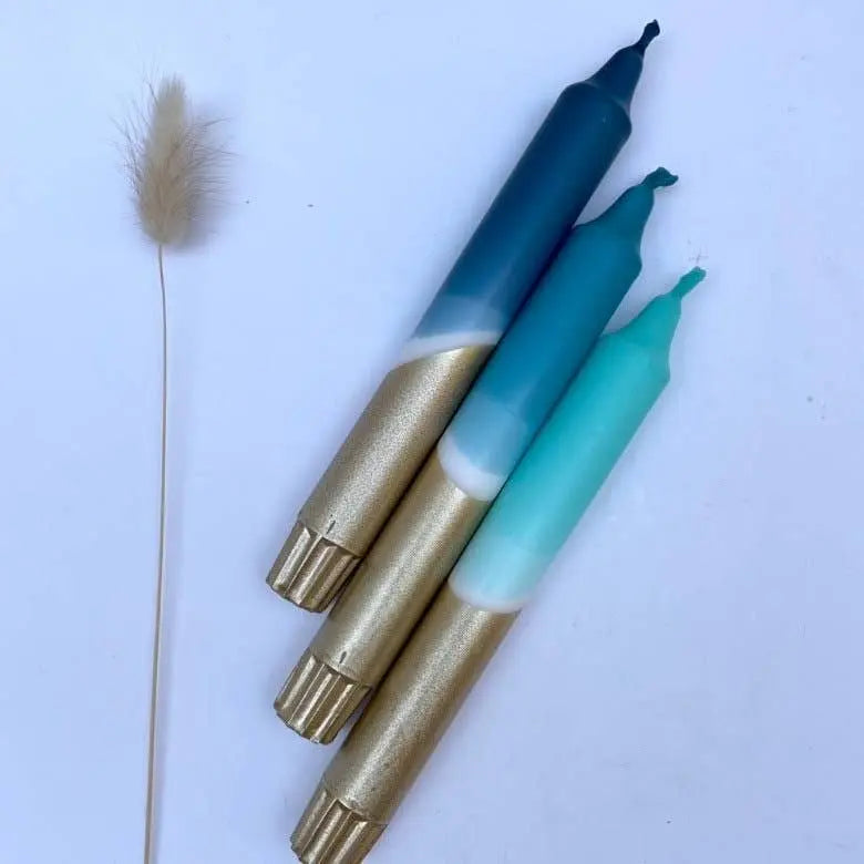 Teal, Hawaiian Blue, Turquoise & Gold Dip Dye Dinner Candles The Style Closet