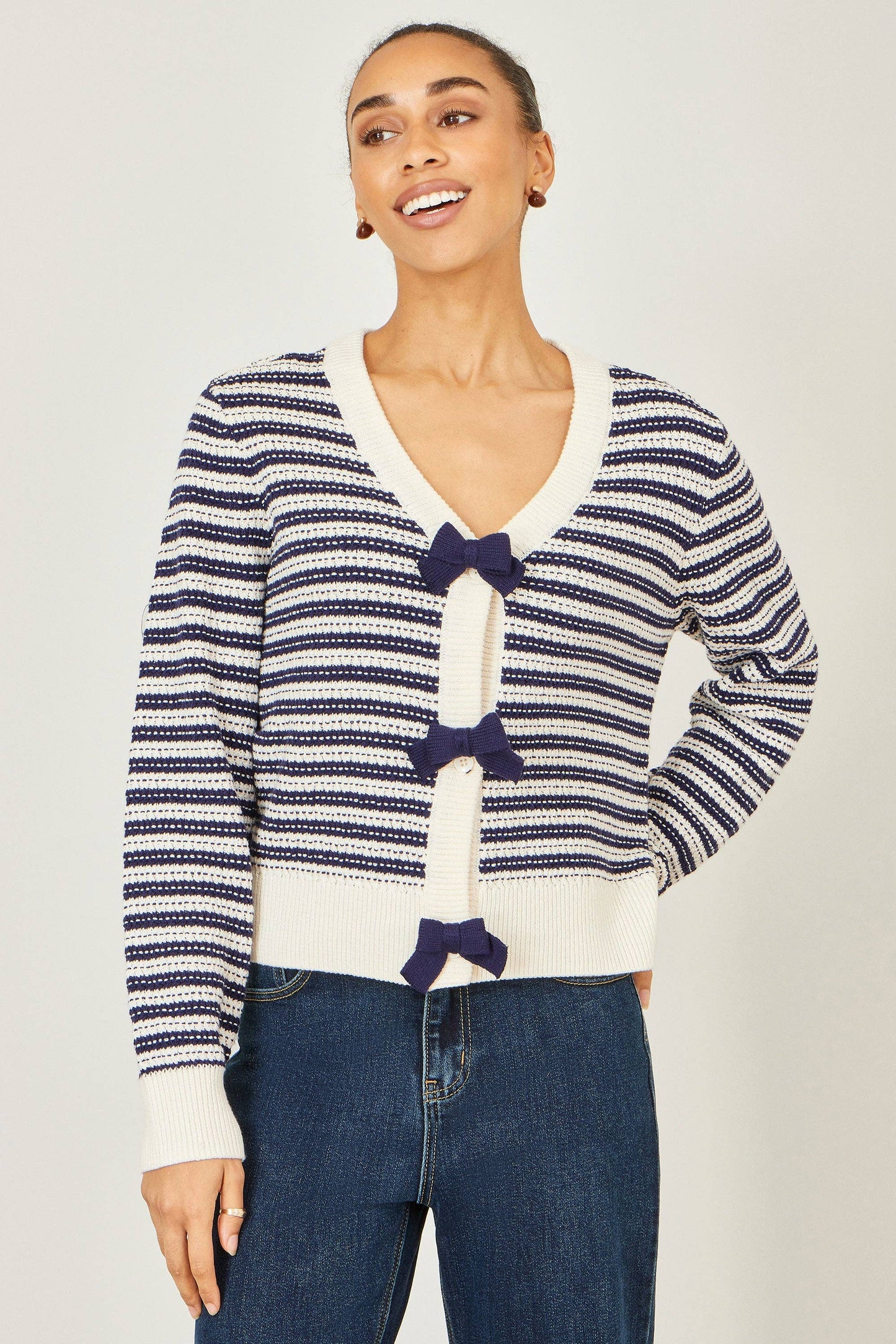 Multicolour Block Stripe Tie Front Cardigan: Navy