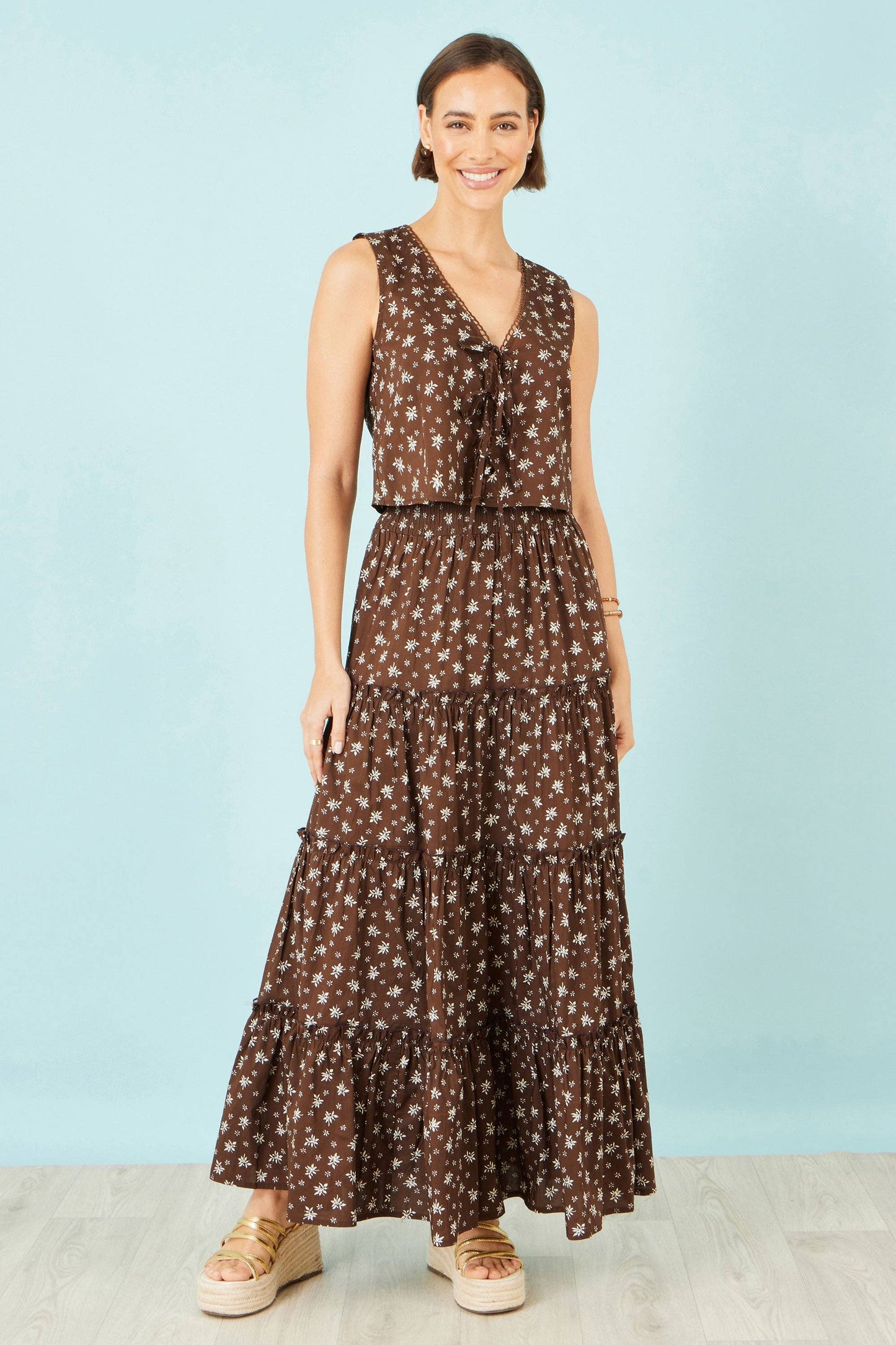 Brown Daisy Print Maxi Skirt /Co-Ord
