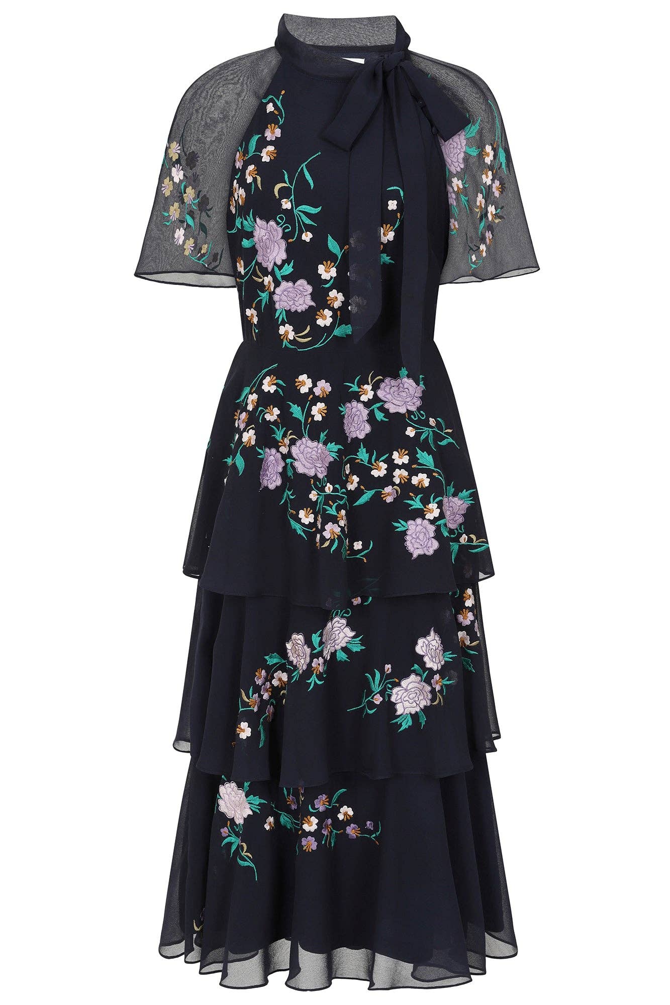 Diantha Navy Floral Embroidered Tiered Midi Dress: 14 / Navy