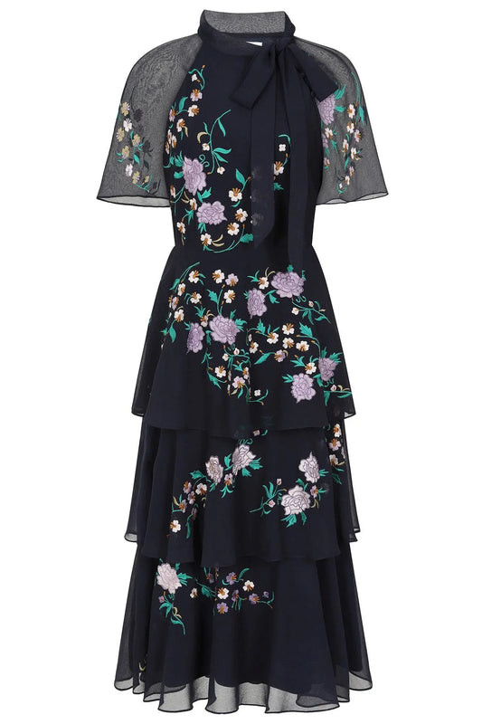 Diantha Navy Floral Embroidered Tiered Midi Dress: 14 / Navy Frock & Frill