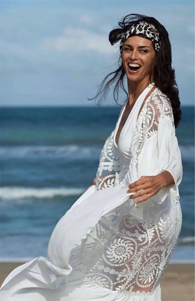 White Lace Crochet Beach Cover-Up Kimono The Style Closet