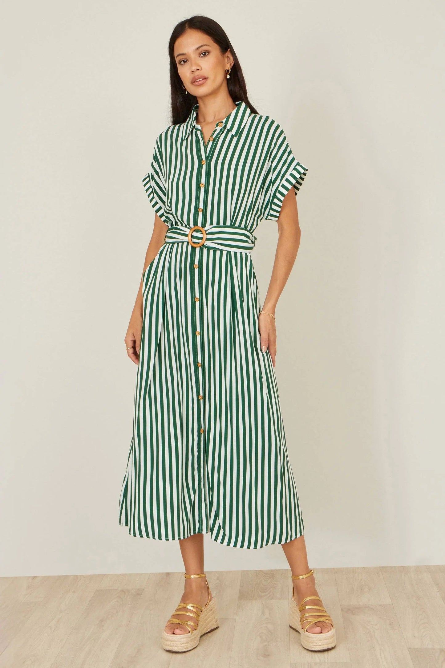 Yumi Green Stripe Print Relaxed Midi Shirt Dress With Belt: Green / 12 Yumi