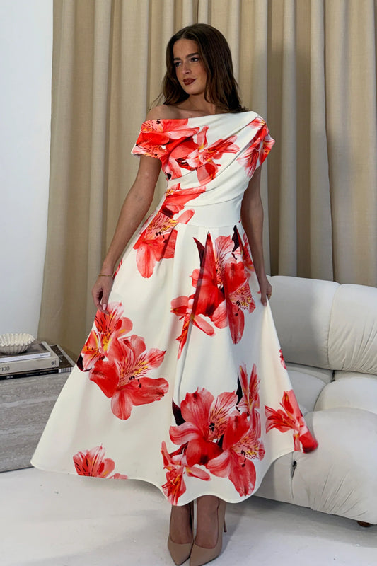 Betty Asymmetric Floral Print Midi Dress Orange - The Style Closet