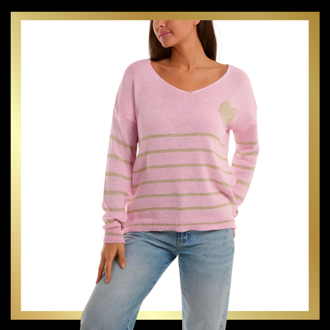 Lurex Striped Jumper with Heart