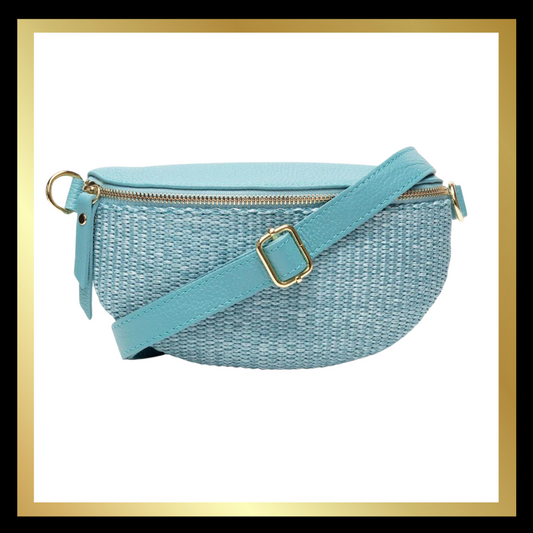 Elie Beamont Raffia Sling Bag in Aqua