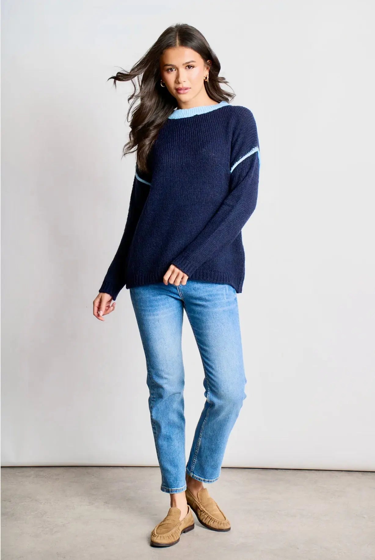 Contrast Stitch Italian Wool Blend Jumper - Denim Blue/Light Blue The Style Closet