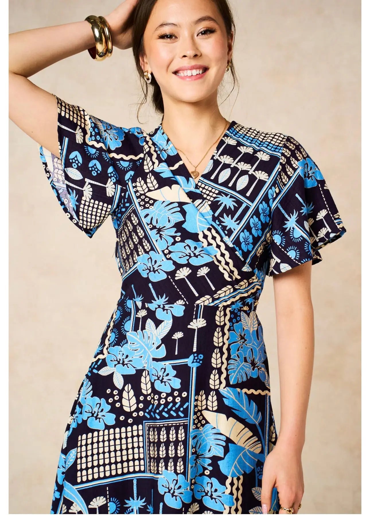 Tile Print Midaxi Wrap Dress in Navy Blue The Style Closet