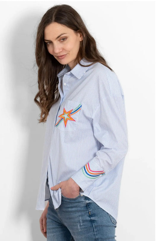 Long Sleeve Cotton Shirt - Blue/White, Star Embroidered The Style Closet
