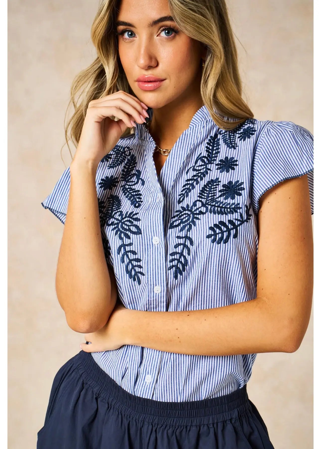 Embroidered Floral Short Sleeve Striped Cotton Shirt in Blue The Style Closet