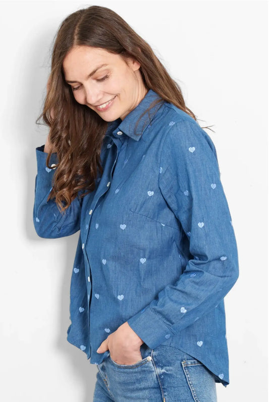 Long Sleeve Cotton Shirt - Denim Blue, Hearts The Style Closet
