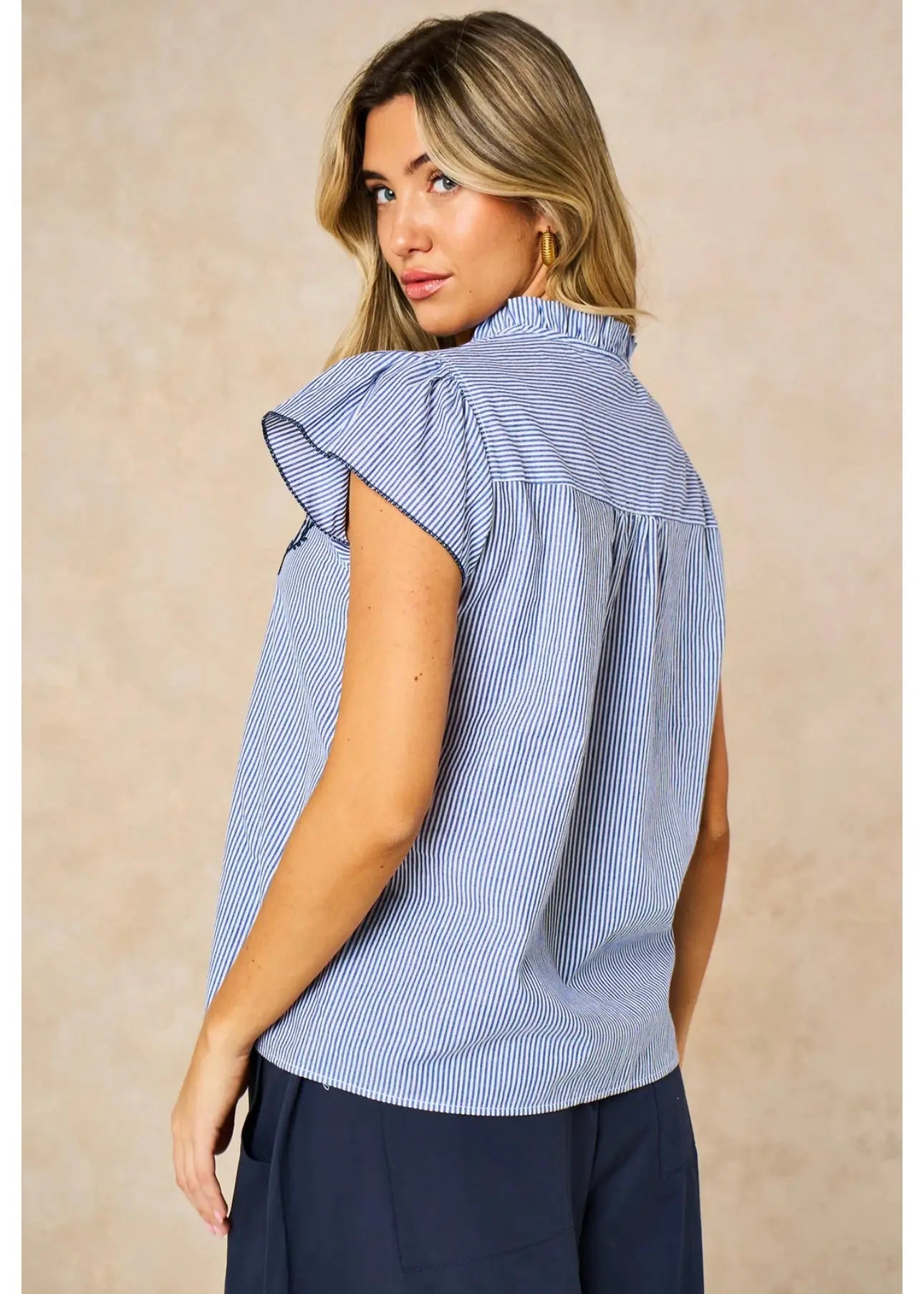 Embroidered Floral Short Sleeve Striped Cotton Shirt in Blue The Style Closet