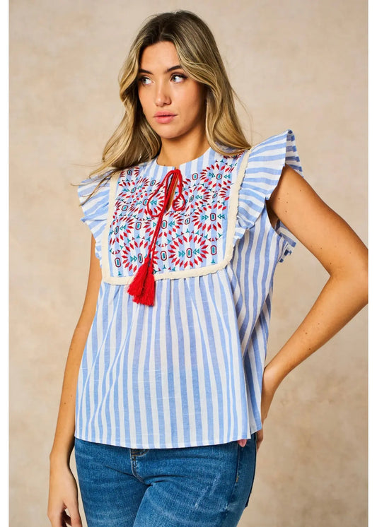 Embroidered Stripe Ruffle Sleeve Cotton Top The Style Closet