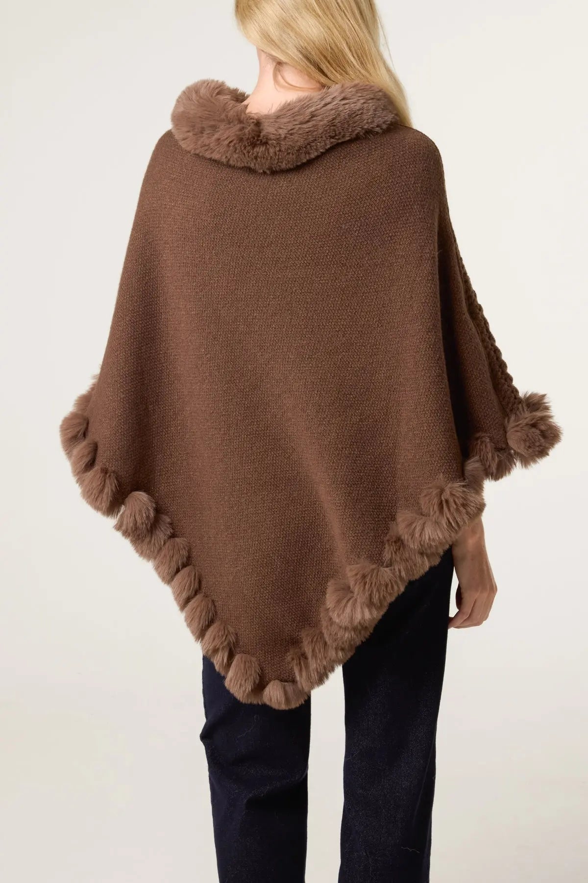 FAUX FUR COLLAR & TRIM KNIT PONCHO The Style Closet