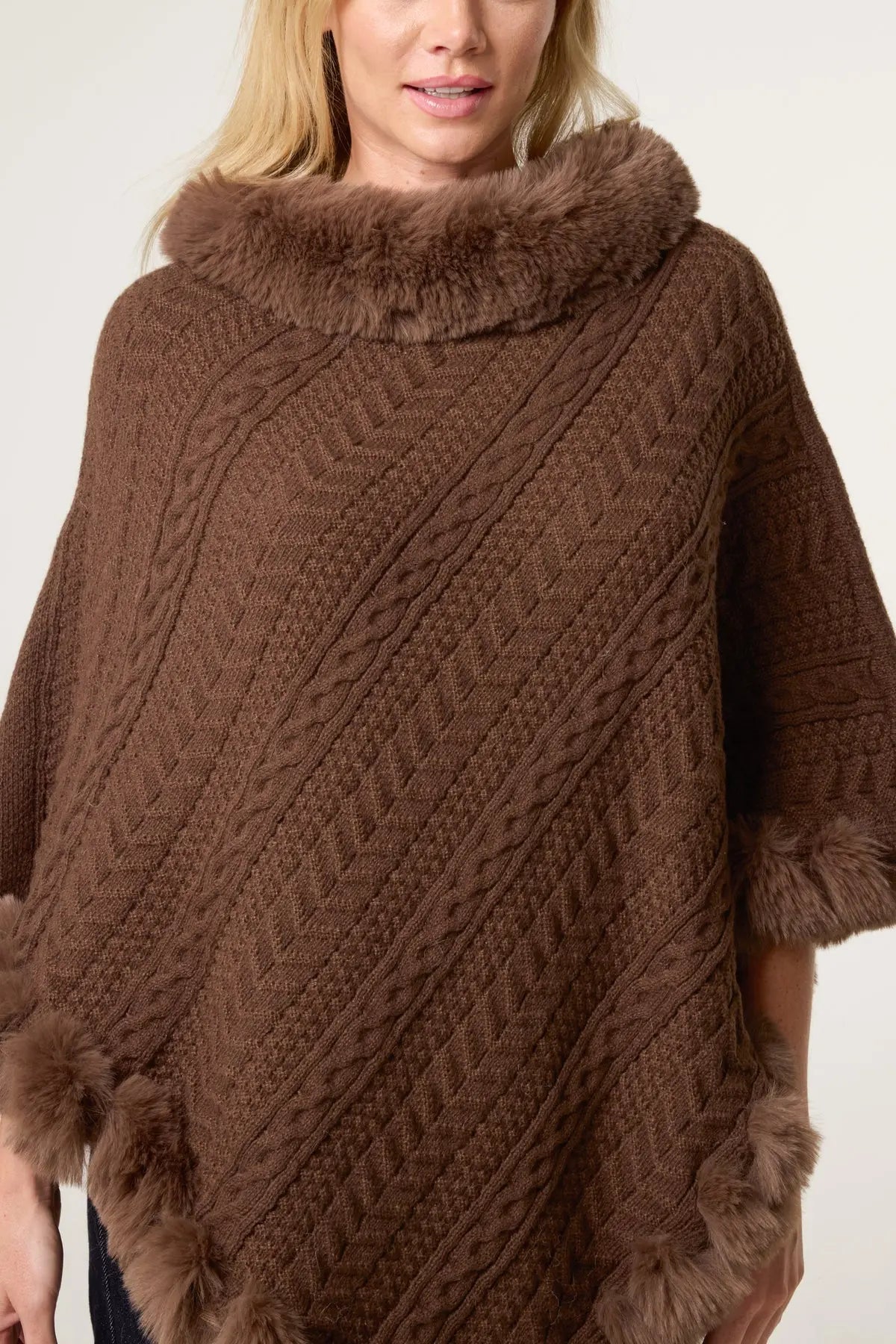 FAUX FUR COLLAR & TRIM KNIT PONCHO The Style Closet