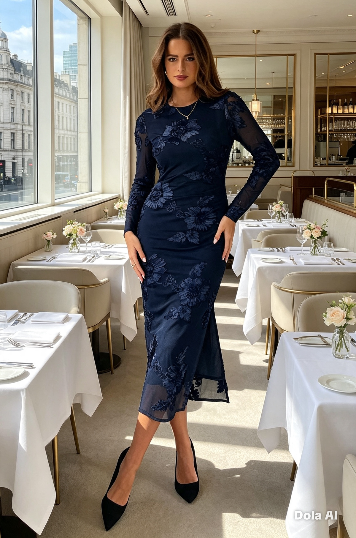 Elodie Floral Embroidered Mesh Bodycon Dress Navy