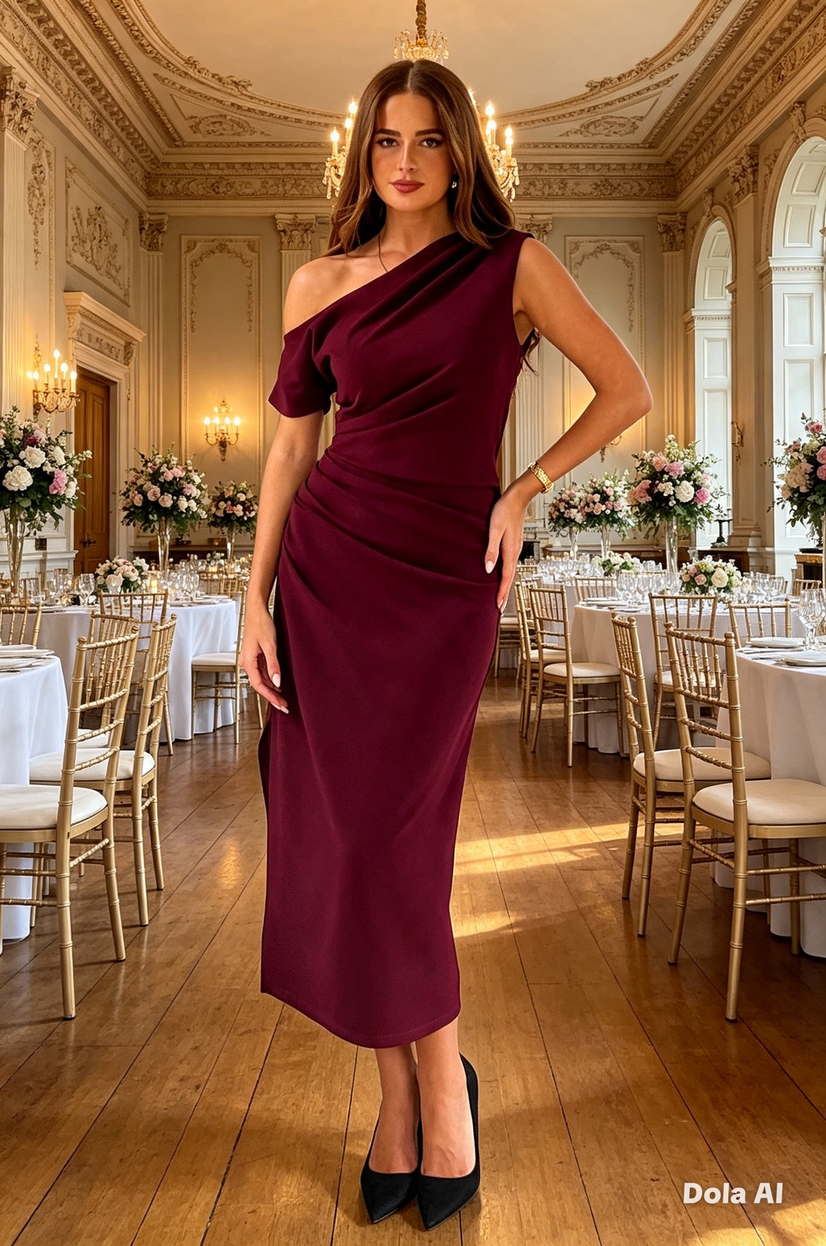 Donna Asymmetric Neckline Midi Dress Plum/Wine