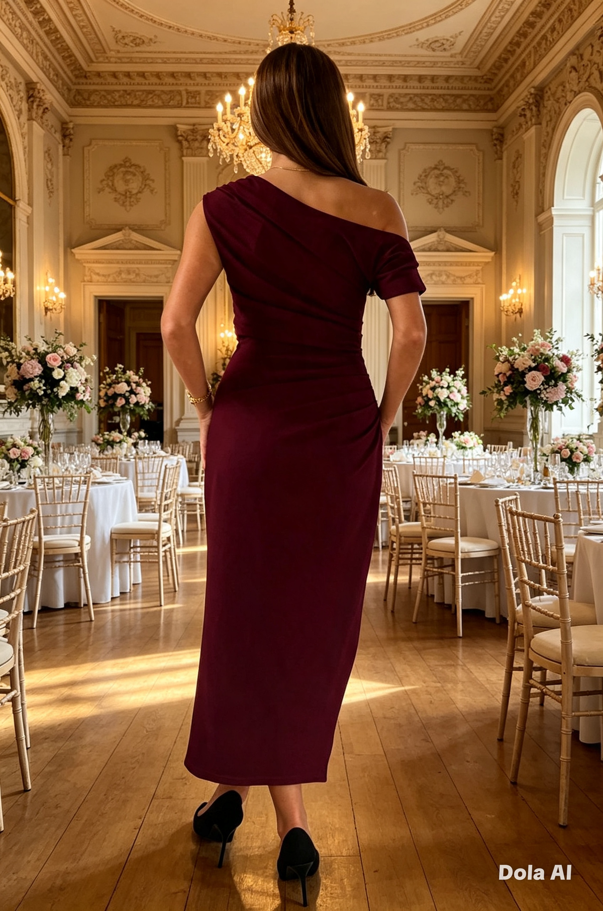 Donna Asymmetric Neckline Midi Dress Plum/Wine